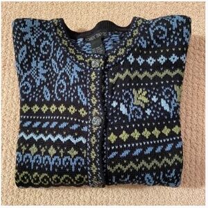 Black, Blue, Olive Floral Fair Isle Cardigan Sweater; Like New; Medium